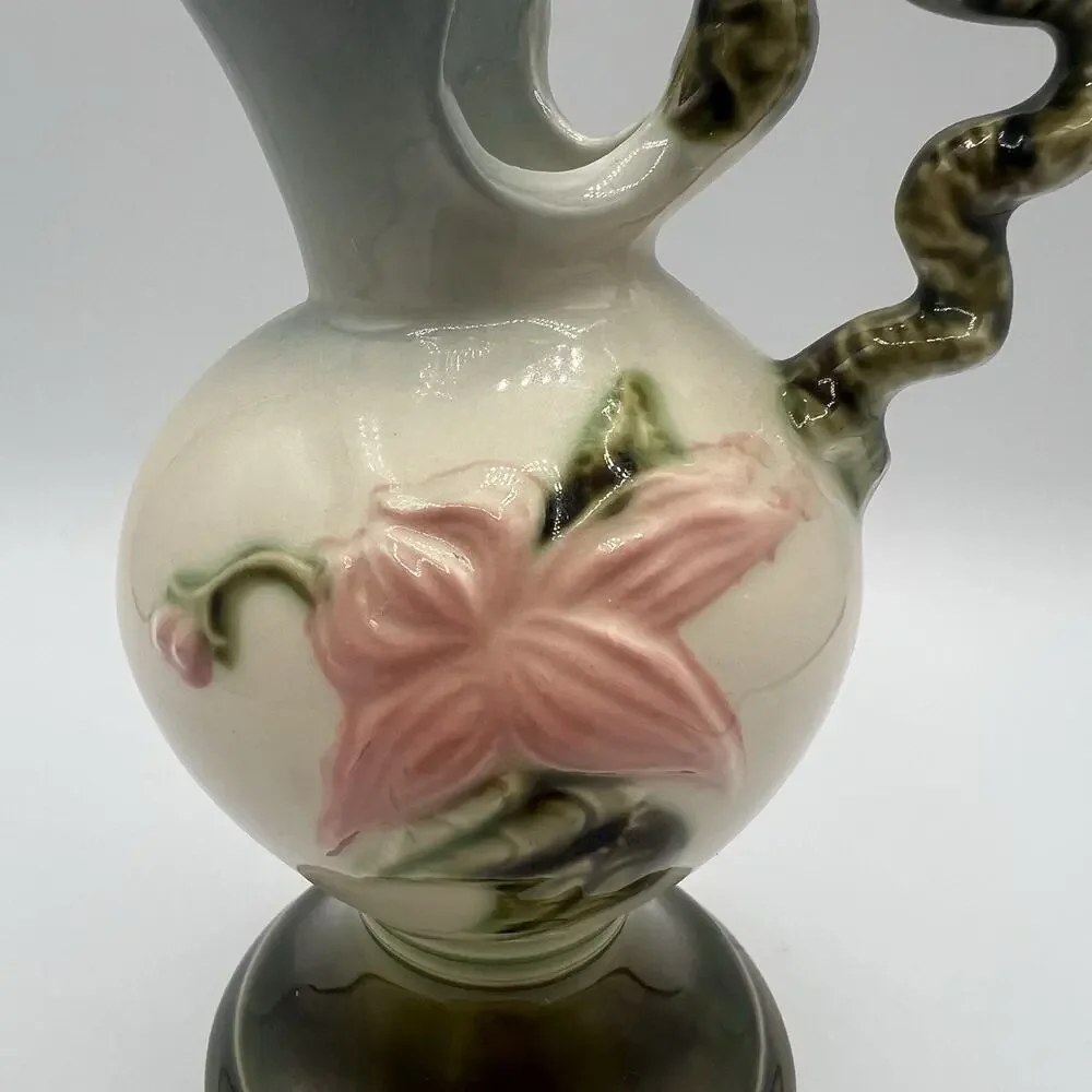VTG Hull Pottery Woodland Ewer Pitcher W6 6½” Pink Floral Green Handle USA